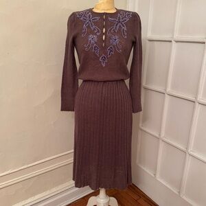 Vintage Floral Embroidered Knit Purple Sheer Pullover Dress